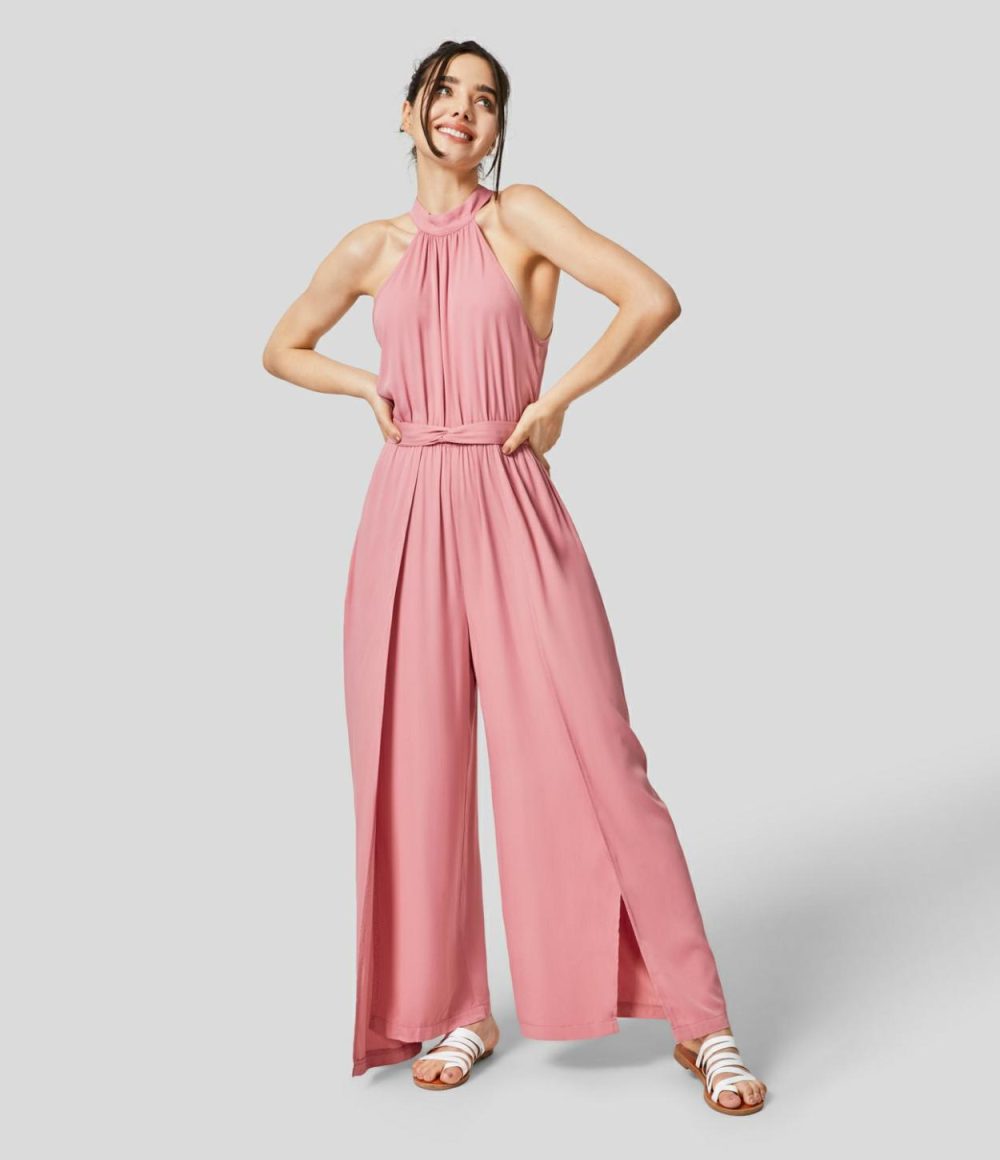 Halter Button Sleeveless Belted Wide Leg Split Flowy Casual Jumpsuit  | Womens  Dressey Jumpsuits Clothing Dressey Jumpsuits