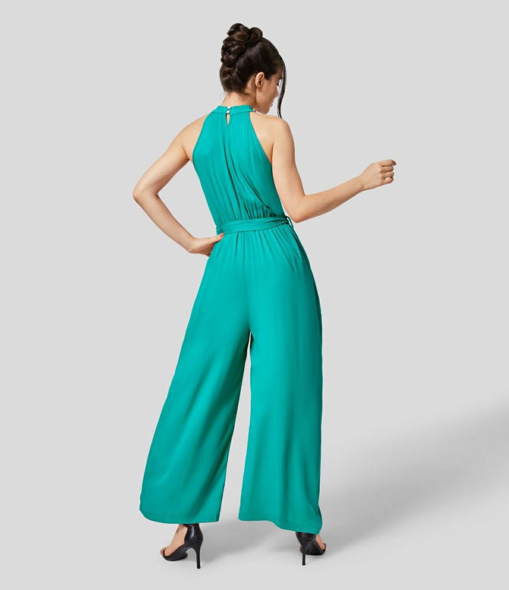 Halter Button Sleeveless Belted Wide Leg Split Flowy Casual Jumpsuit  | Womens  Dressey Jumpsuits Clothing Dressey Jumpsuits