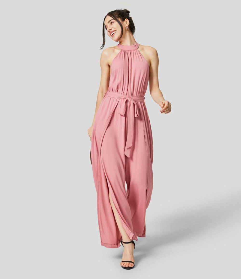 Halter Button Sleeveless Belted Wide Leg Split Flowy Casual Jumpsuit  | Womens  Dressey Jumpsuits Clothing Dressey Jumpsuits