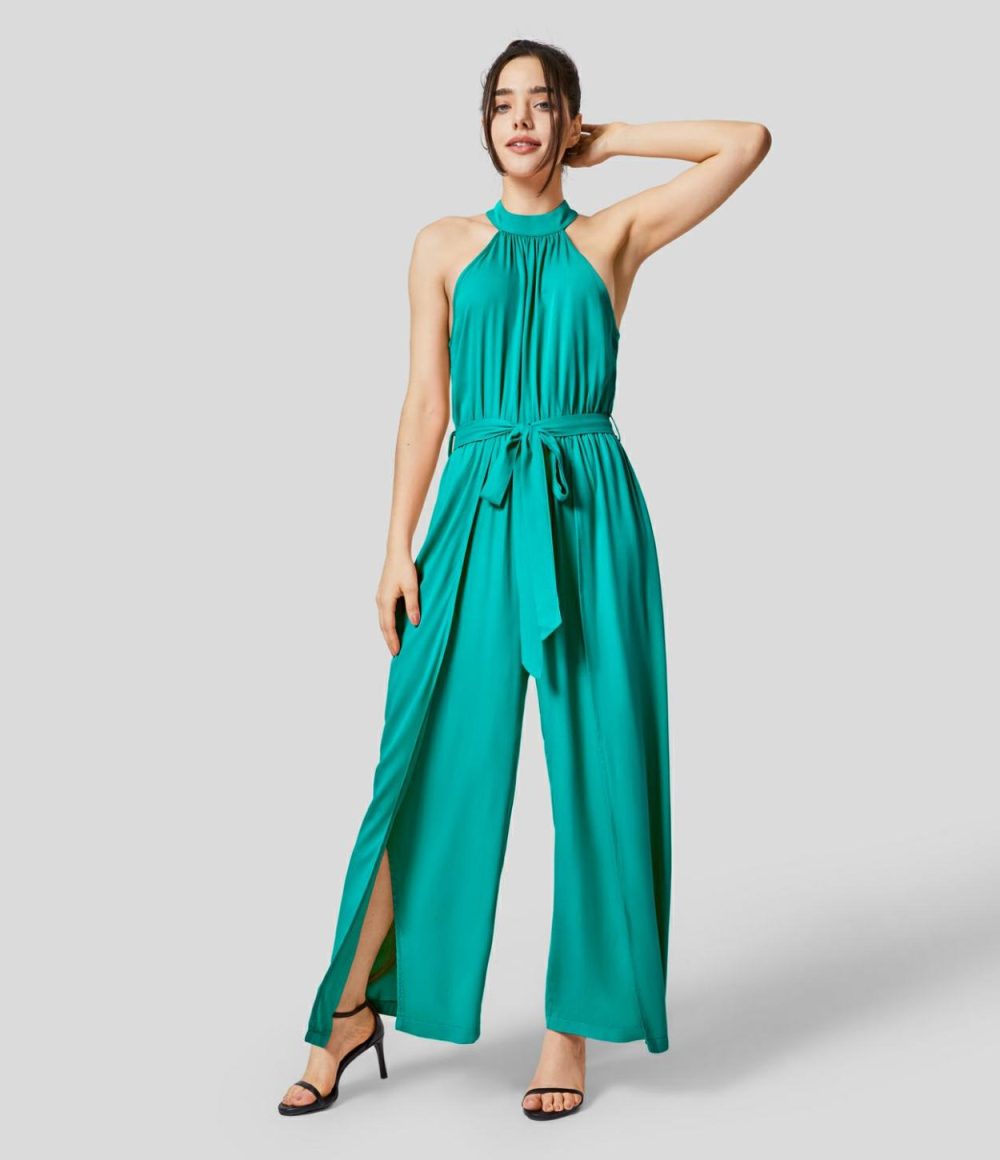 Halter Button Sleeveless Belted Wide Leg Split Flowy Casual Jumpsuit  | Womens  Dressey Jumpsuits Clothing Dressey Jumpsuits