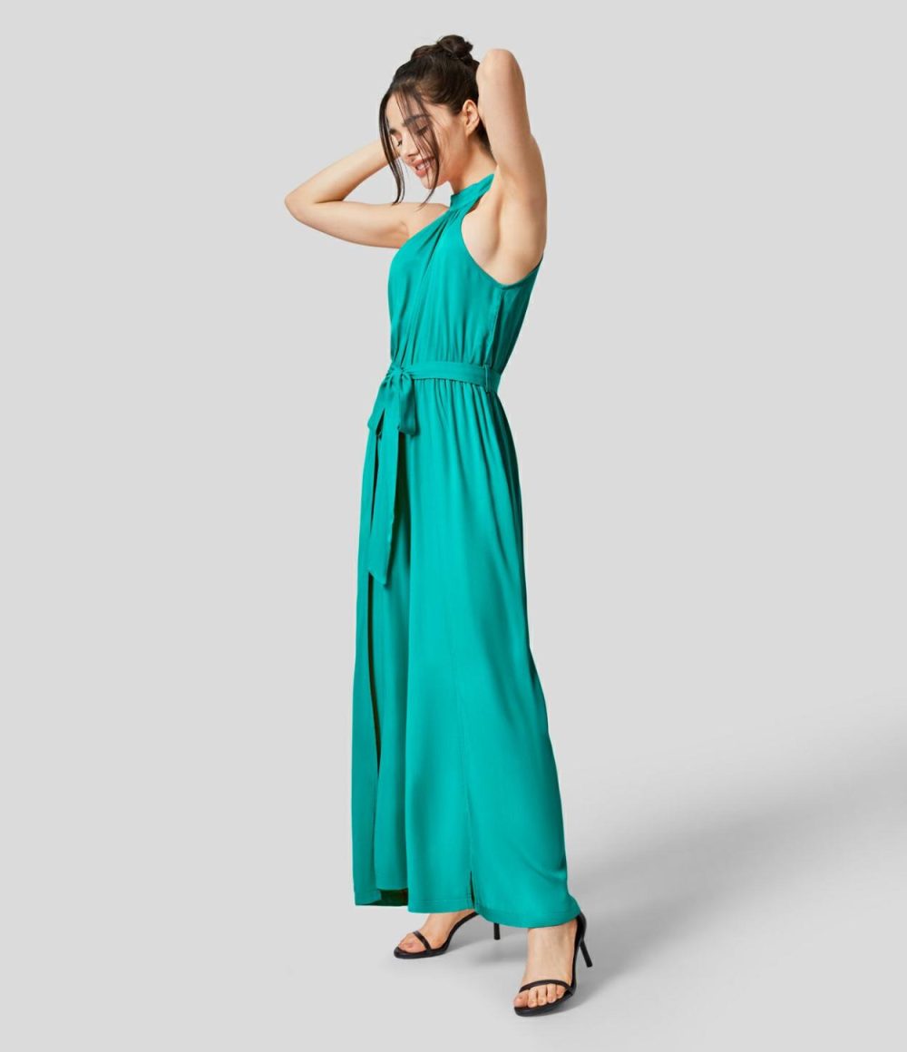 Halter Button Sleeveless Belted Wide Leg Split Flowy Casual Jumpsuit  | Womens  Dressey Jumpsuits Clothing Dressey Jumpsuits