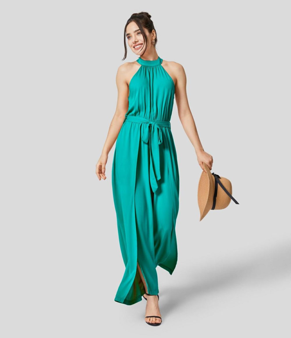 Halter Button Sleeveless Belted Wide Leg Split Flowy Casual Jumpsuit  | Womens  Dressey Jumpsuits Clothing Dressey Jumpsuits