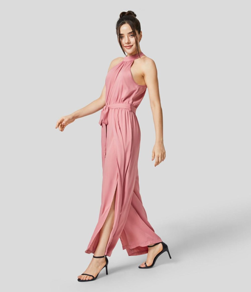 Halter Button Sleeveless Belted Wide Leg Split Flowy Casual Jumpsuit  | Womens  Dressey Jumpsuits Clothing Dressey Jumpsuits