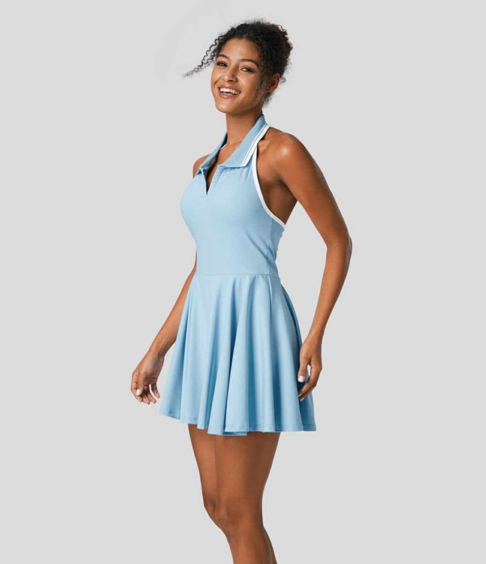 Halter Collared Backless 2-in-1 Color Block Flare Mini Tennis Dress  | Womens  Mini Dresses Clothing Mini Dresses