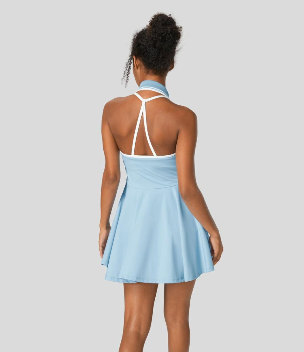 Halter Collared Backless 2-in-1 Color Block Flare Mini Tennis Dress  | Womens  Mini Dresses Clothing Mini Dresses