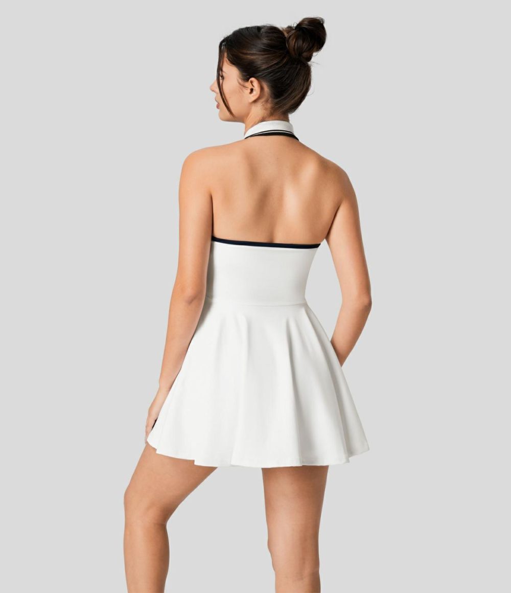 Halter Collared Backless 2-in-1 Color Block Flare Mini Tennis Dress  | Womens  Mini Dresses Clothing Mini Dresses