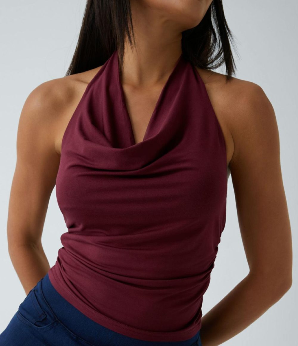 Halter Cowl Neck Backless Ruched Casual Tank Top  | Womens  T-Shirts Clothing New Maroon/Black/White/Naval Academy/Flamewood Brown