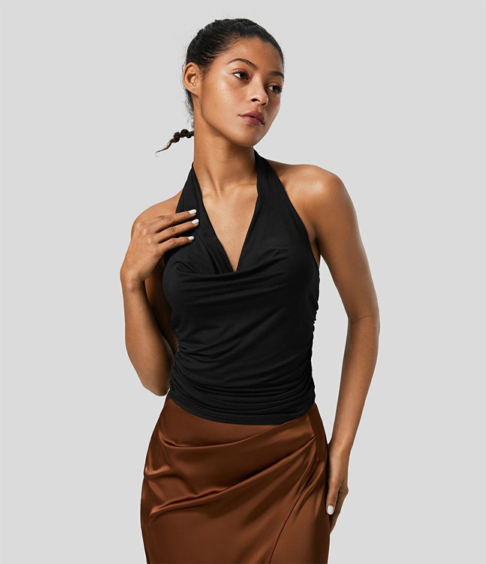 Halter Cowl Neck Backless Ruched Casual Tank Top  | Womens  T-Shirts Clothing New Maroon/Black/White/Naval Academy/Flamewood Brown