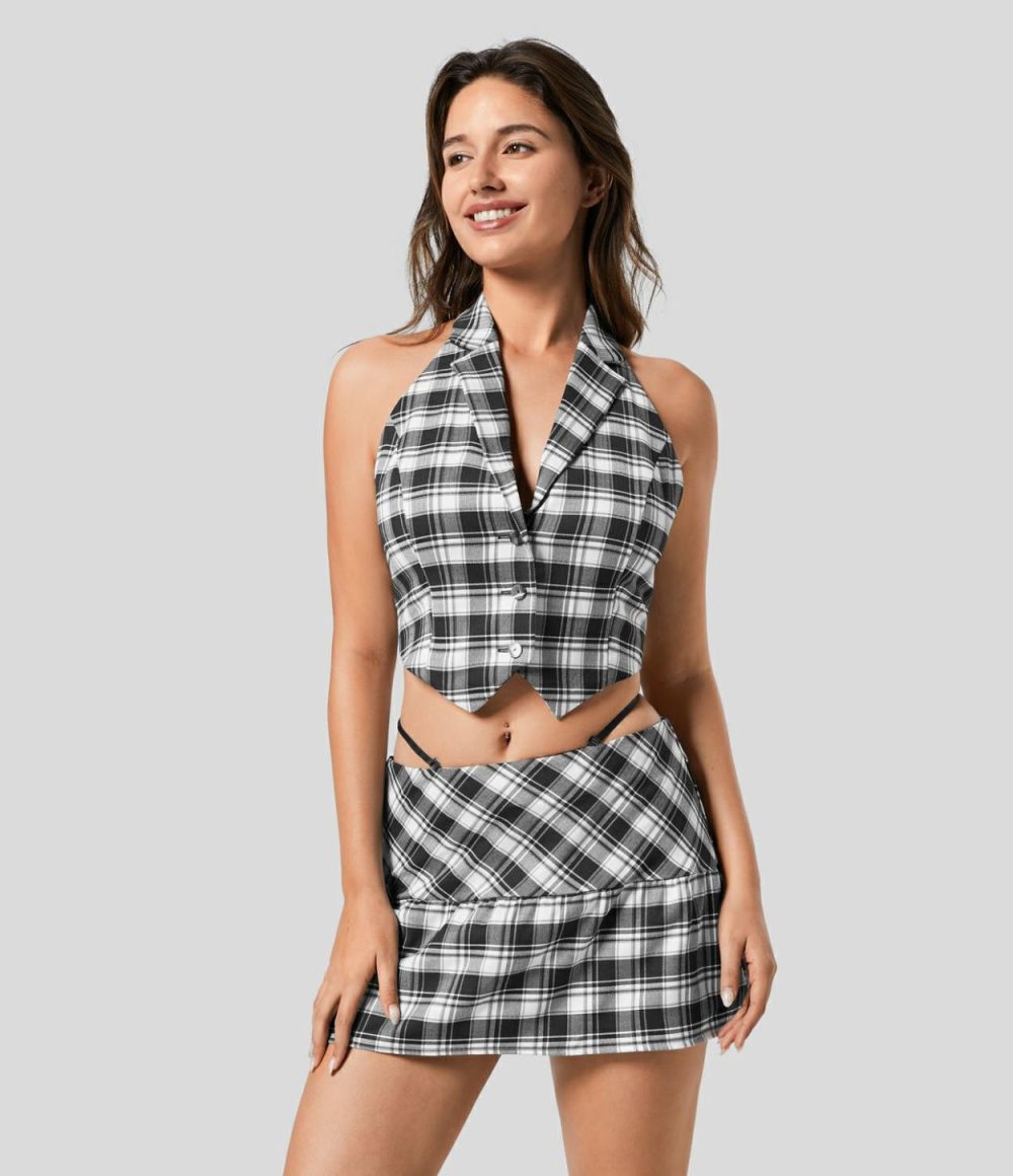 Halter Neck Notched Button Backless Plaid Cropped Casual Tank Top  | Womens  Cropped Tops Clothing Cropped Tops