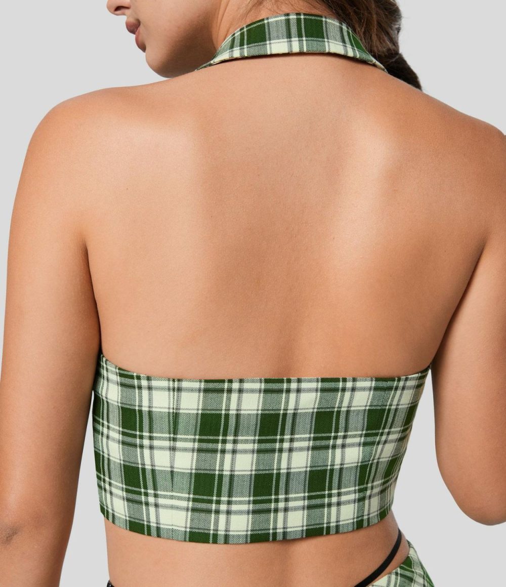 Halter Neck Notched Button Backless Plaid Cropped Casual Tank Top  | Womens  Cropped Tops Clothing Cropped Tops