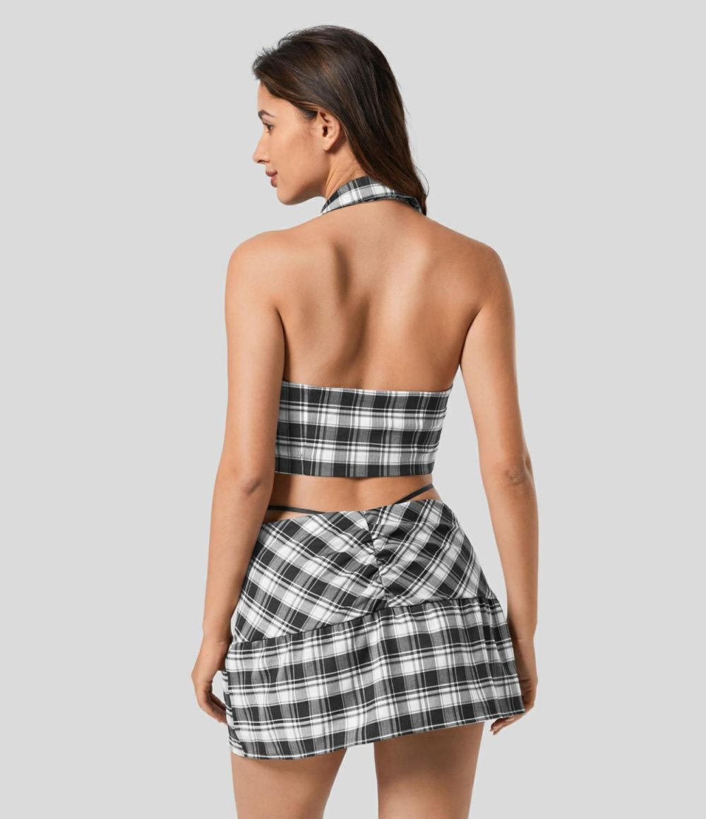 Halter Neck Notched Button Backless Plaid Cropped Casual Tank Top  | Womens  Cropped Tops Clothing Cropped Tops