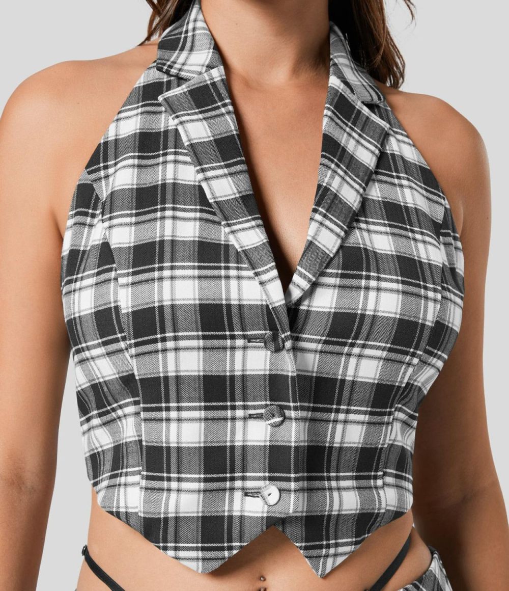 Halter Neck Notched Button Backless Plaid Cropped Casual Tank Top  | Womens  Cropped Tops Clothing Cropped Tops