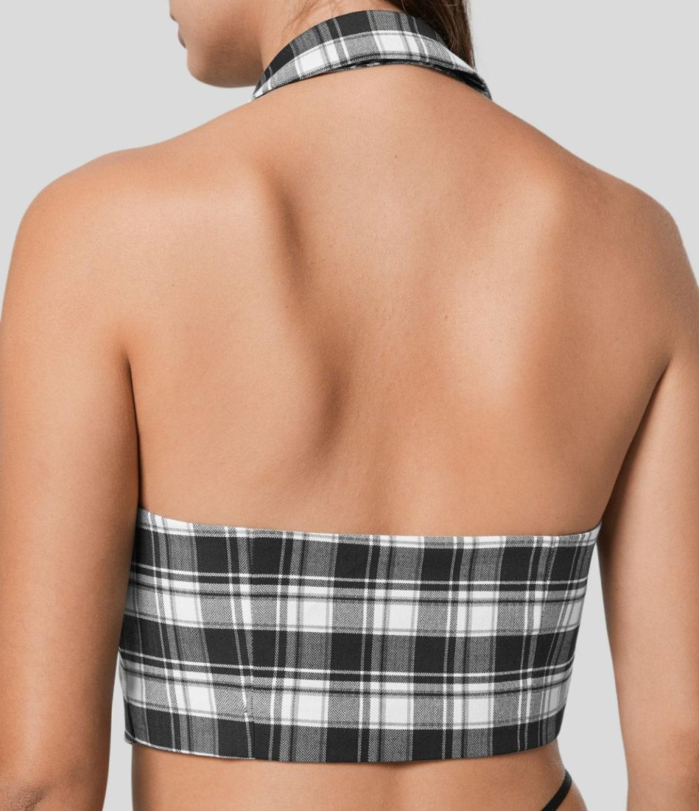 Halter Neck Notched Button Backless Plaid Cropped Casual Tank Top  | Womens  Cropped Tops Clothing Cropped Tops