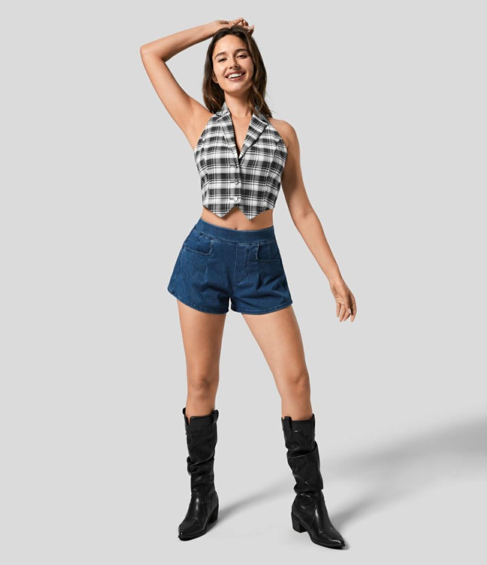 Halter Neck Notched Button Backless Plaid Cropped Casual Tank Top  | Womens  Cropped Tops Clothing Cropped Tops