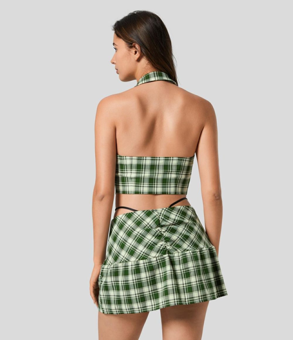 Halter Neck Notched Button Backless Plaid Cropped Casual Tank Top  | Womens  Cropped Tops Clothing Cropped Tops