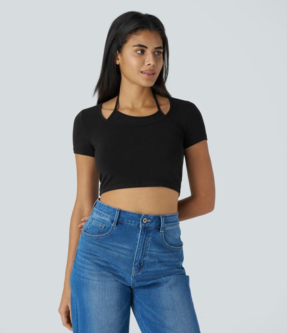 Halter Short Sleeve Cropped Casual Top  | Womens  Cropped Tops Clothing Black/Powder Pink