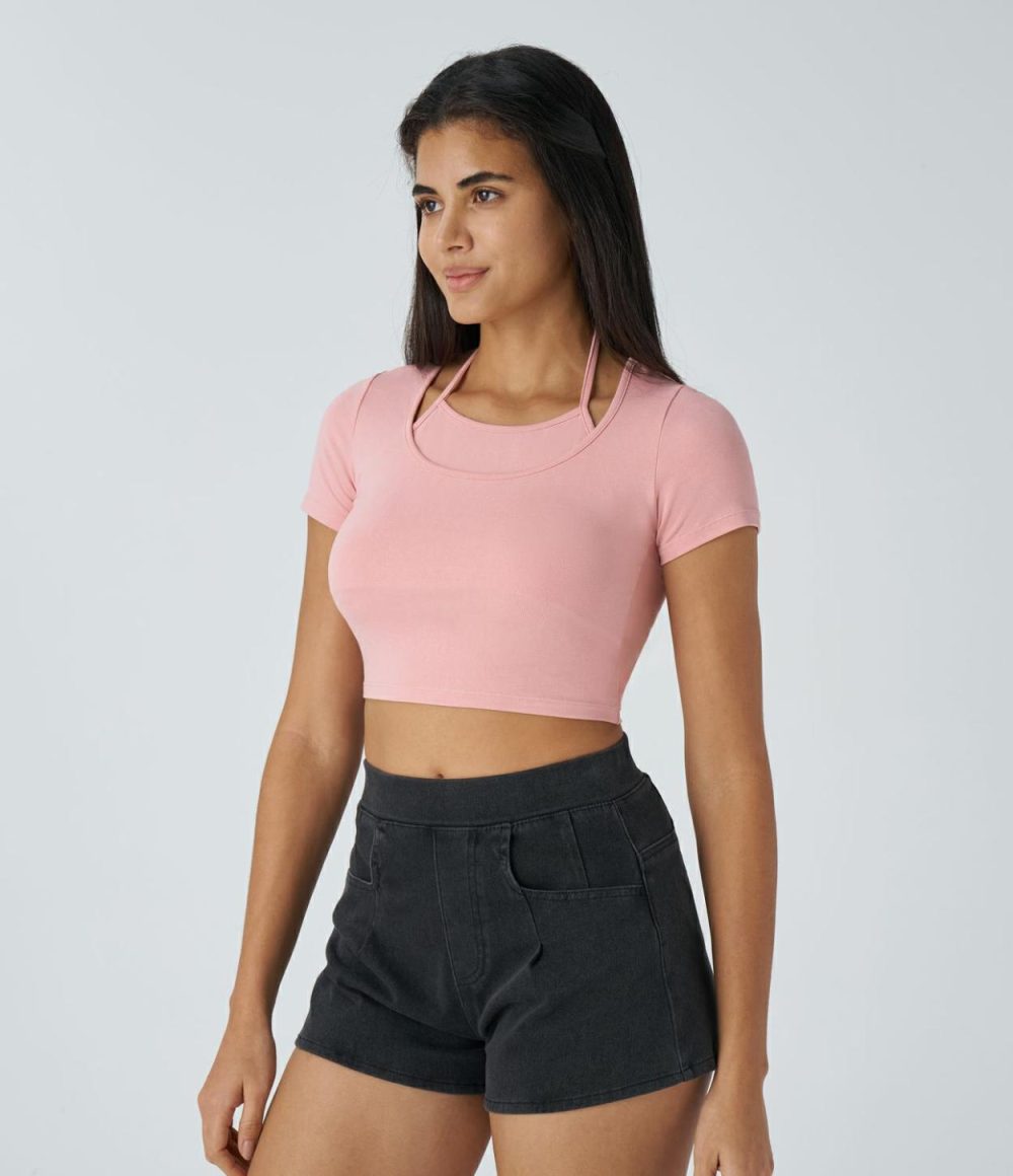 Halter Short Sleeve Cropped Casual Top  | Womens  Cropped Tops Clothing Black/Powder Pink