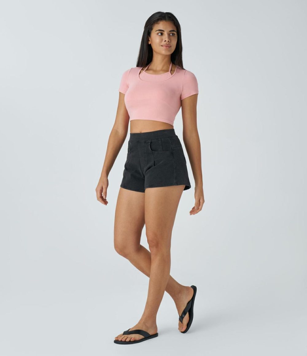 Halter Short Sleeve Cropped Casual Top  | Womens  Cropped Tops Clothing Black/Powder Pink