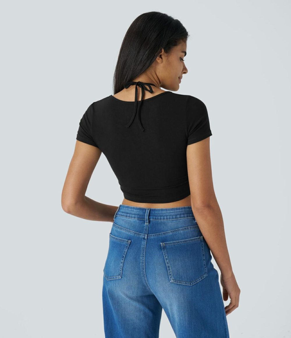 Halter Short Sleeve Cropped Casual Top  | Womens  Cropped Tops Clothing Black/Powder Pink