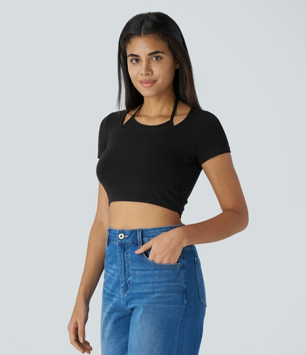 Halter Short Sleeve Cropped Casual Top  | Womens  Cropped Tops Clothing Black/Powder Pink