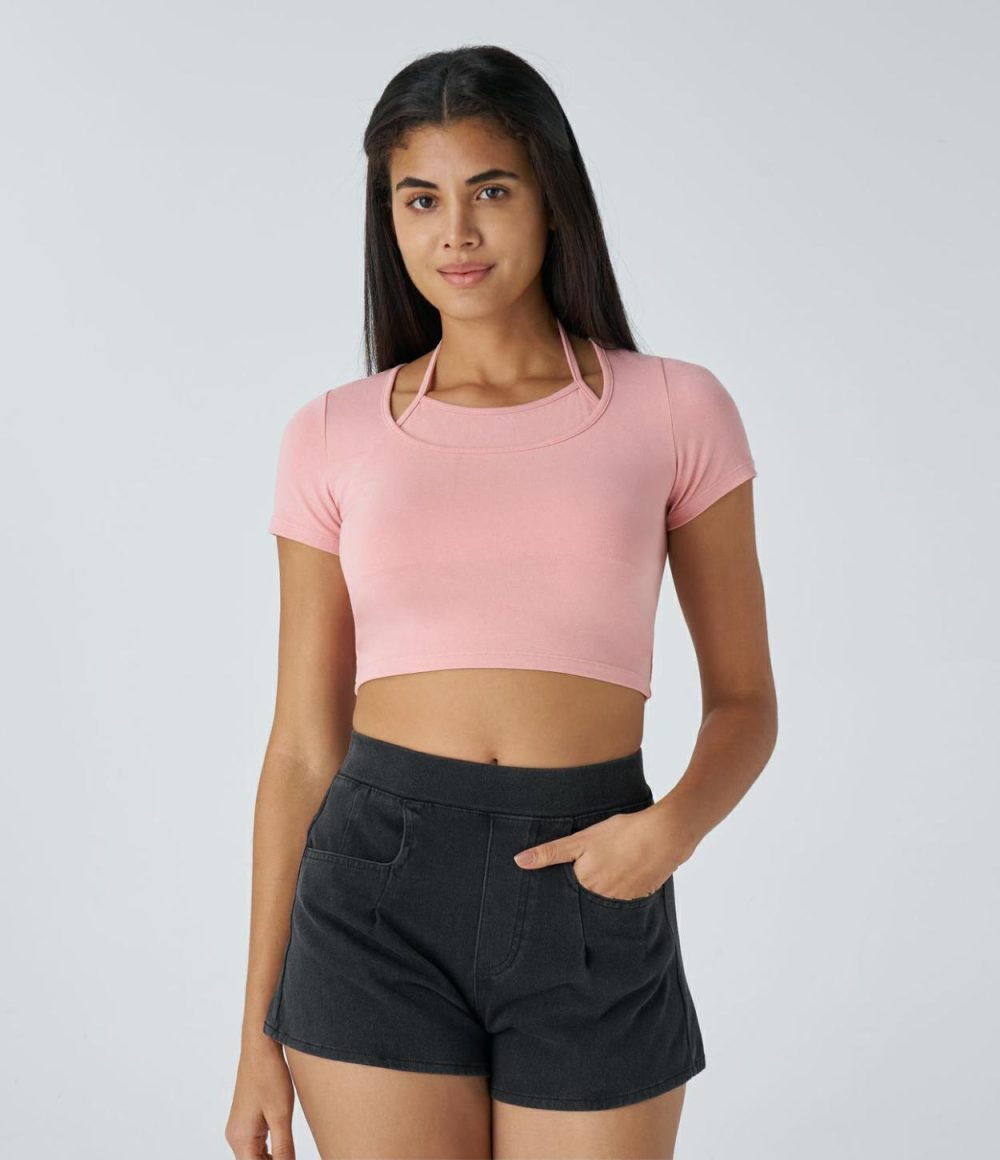 Halter Short Sleeve Cropped Casual Top  | Womens  Cropped Tops Clothing Black/Powder Pink