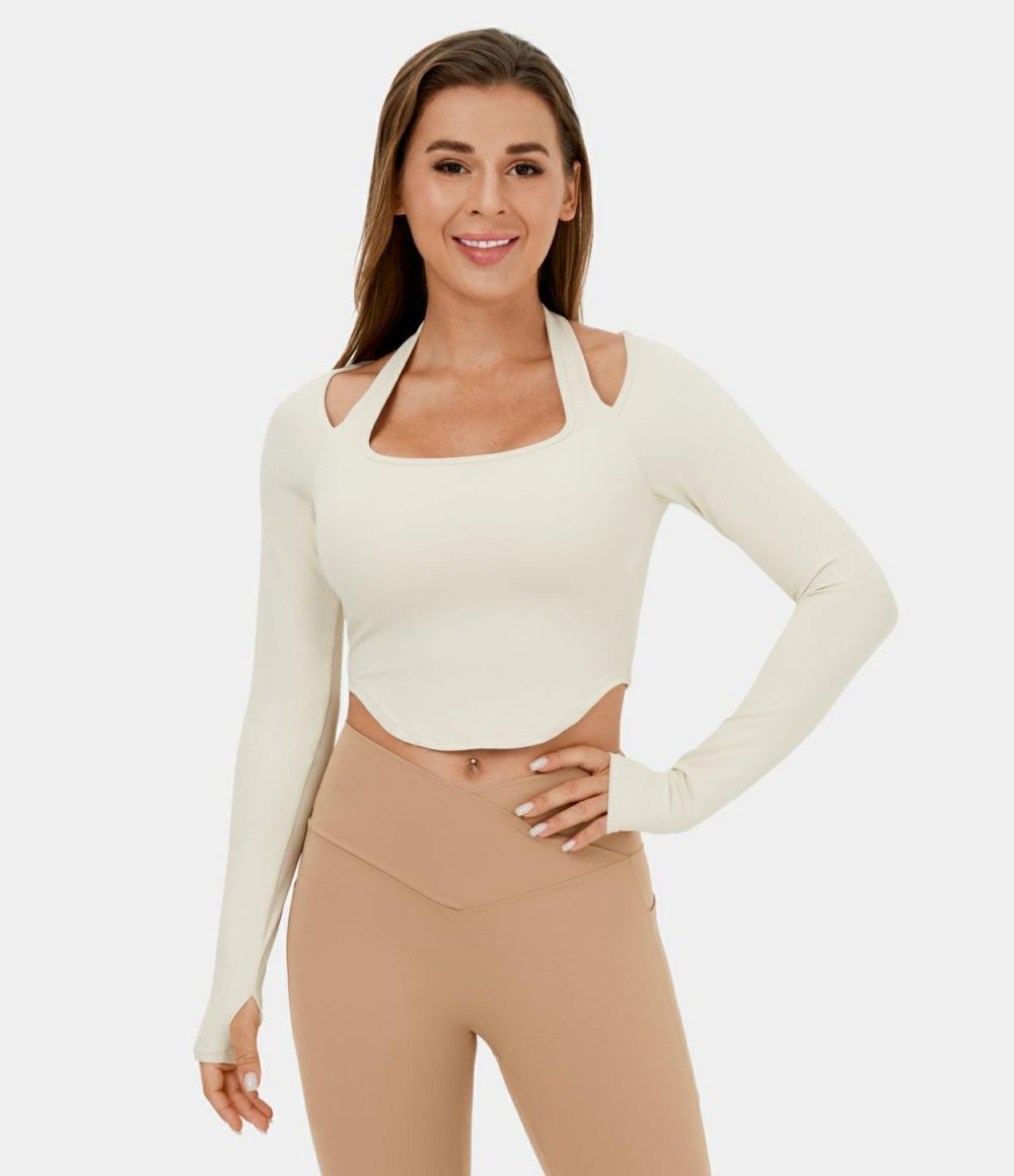 Halter Thumb Hole Asymmetric Hem Cropped Yoga Sports Top  | Womens  Sports Tops Clothing Sports Tops