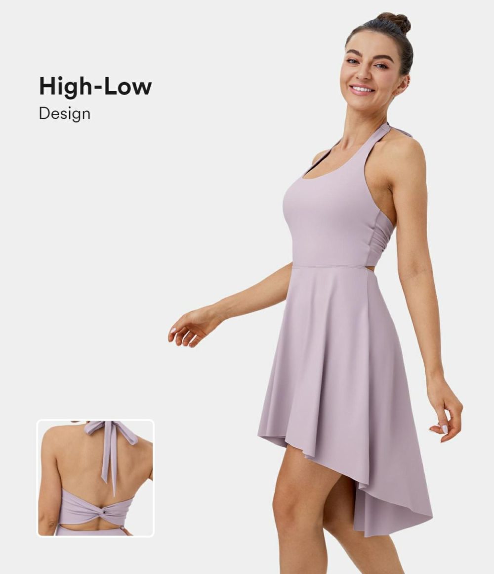 Halter Tie Back Backless Twisted Side Pocket 2-in-1 High Low Dance Active Dress  | Womens  Active Dresses Active Dresses Active Dresses