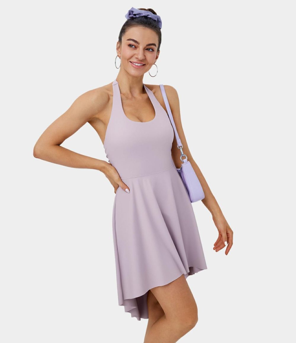 Halter Tie Back Backless Twisted Side Pocket 2-in-1 High Low Dance Active Dress  | Womens  Active Dresses Active Dresses Active Dresses