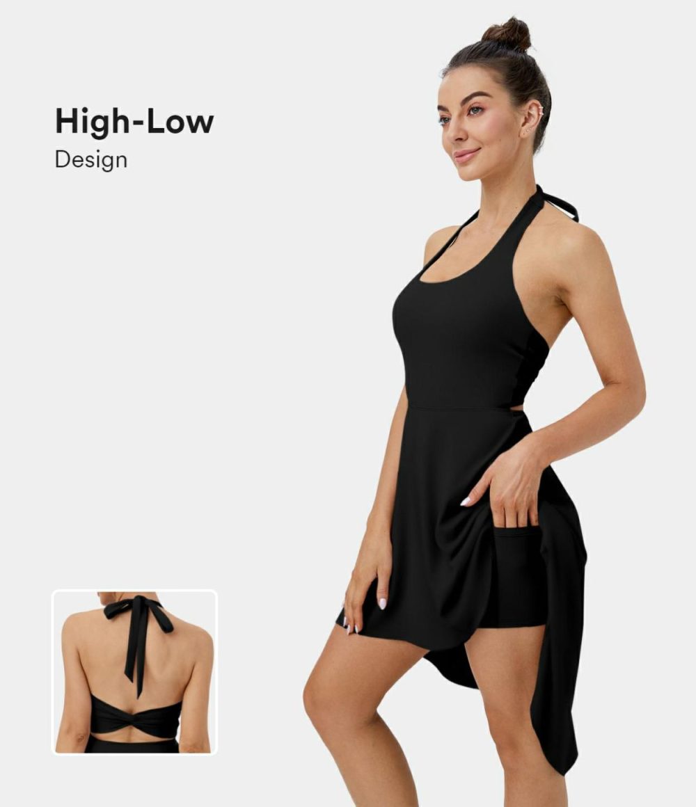 Halter Tie Back Backless Twisted Side Pocket 2-in-1 High Low Dance Active Dress  | Womens  Active Dresses Active Dresses Active Dresses