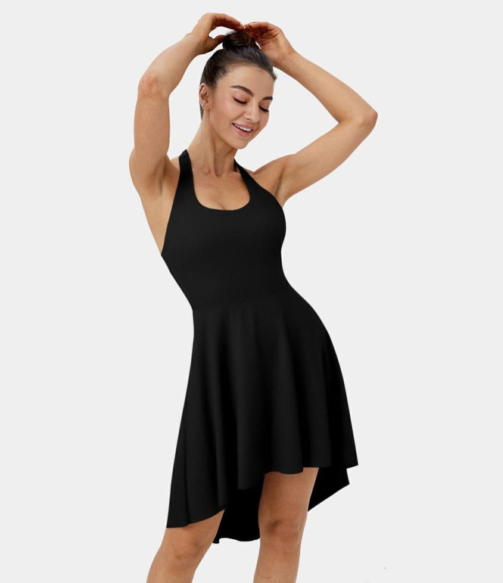 Halter Tie Back Backless Twisted Side Pocket 2-in-1 High Low Dance Active Dress  | Womens  Active Dresses Active Dresses Active Dresses