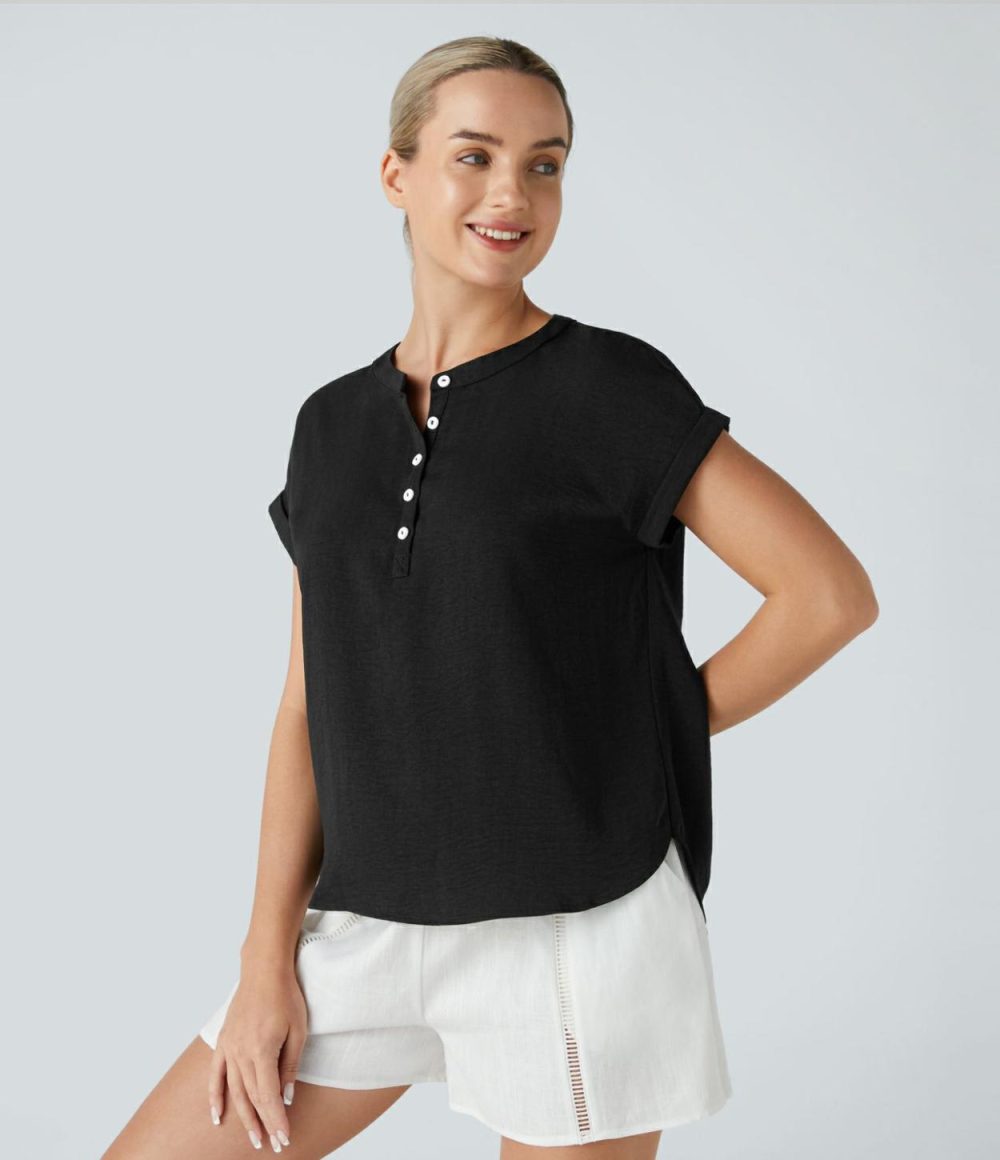 Henley Neck High Low Curved Hem Casual Linen-Feel Blouse  | Womens  T-Shirts Clothing Mahogany/Black