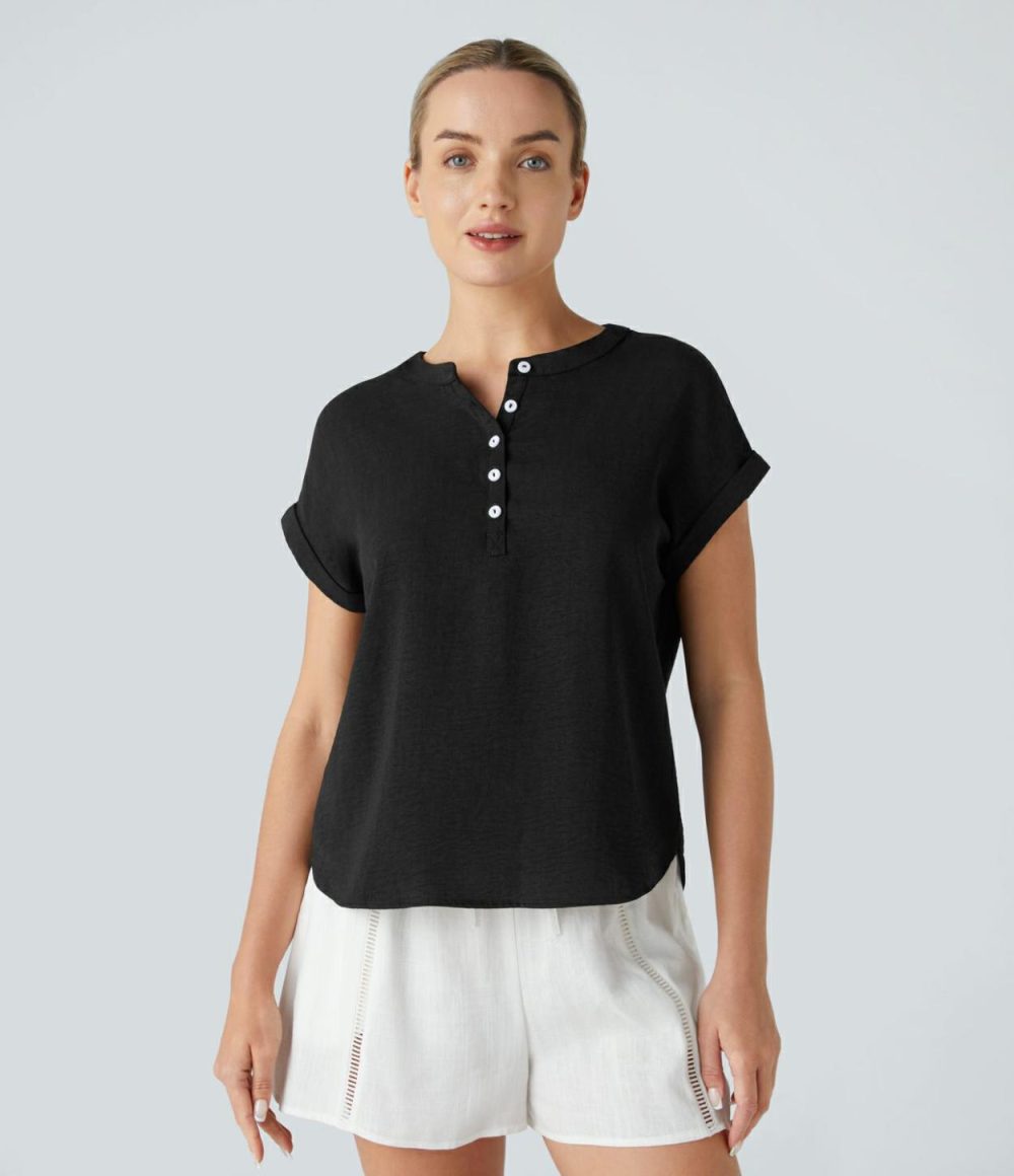 Henley Neck High Low Curved Hem Casual Linen-Feel Blouse  | Womens  T-Shirts Clothing Mahogany/Black