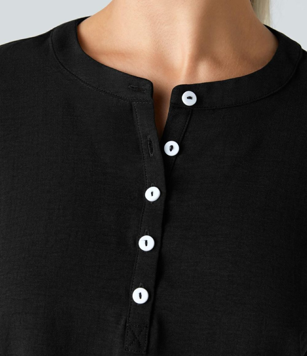 Henley Neck High Low Curved Hem Casual Linen-Feel Blouse  | Womens  T-Shirts Clothing Mahogany/Black