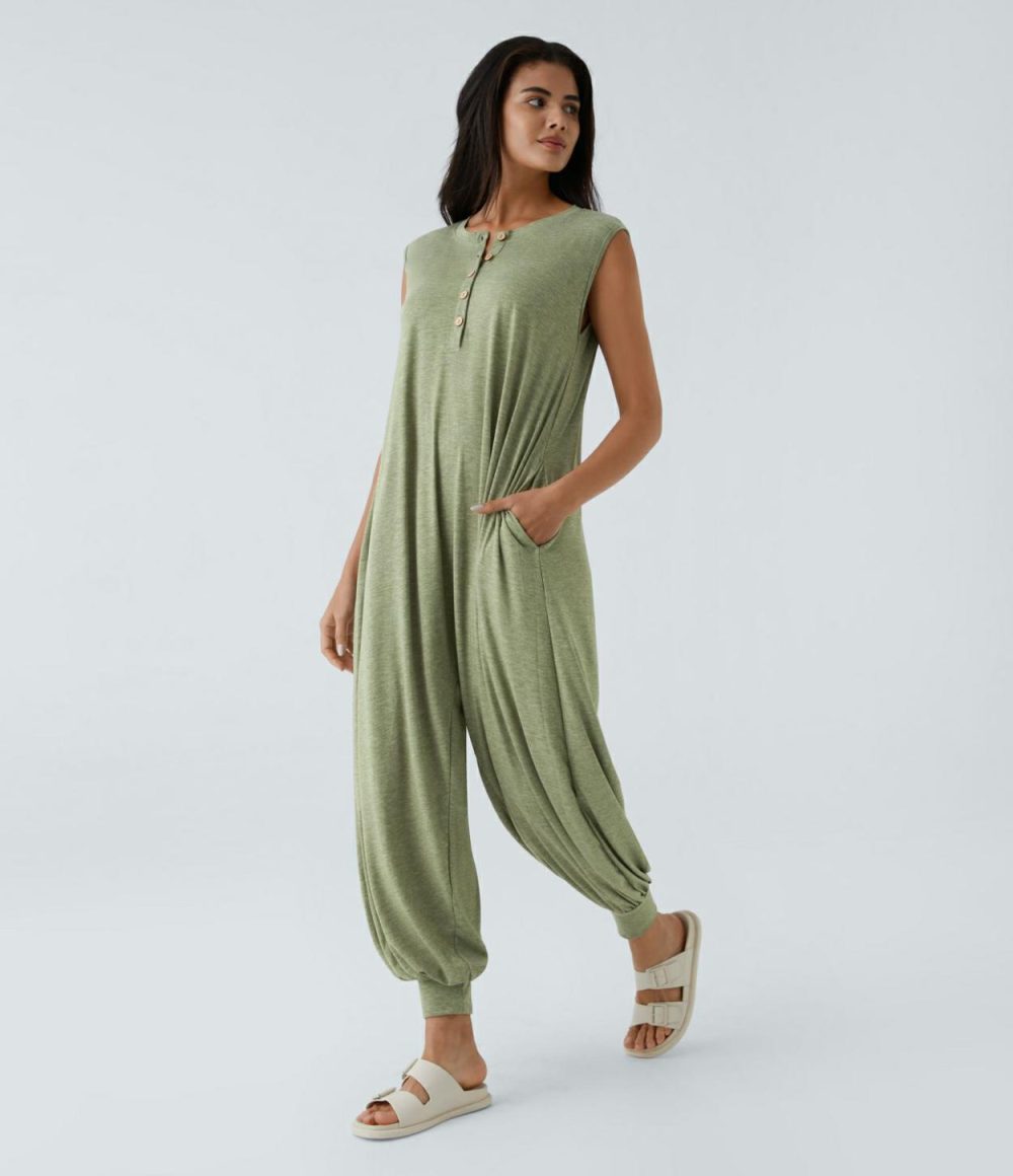 Henley Neck Sleeveless Side Pocket Relax Resort Harem Jumpsuit  | Womens  Dressey Jumpsuits Clothing Dressey Jumpsuits