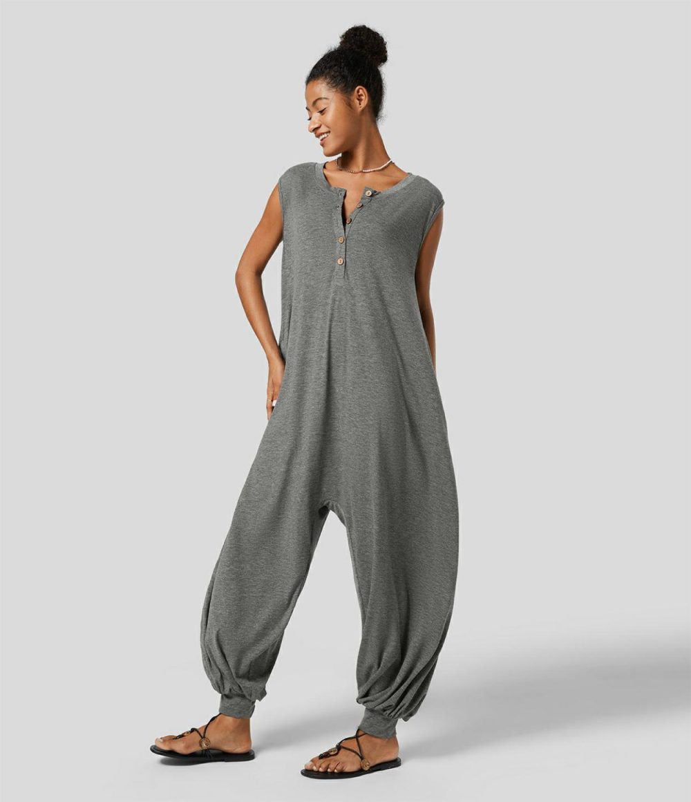 Henley Neck Sleeveless Side Pocket Relax Resort Harem Jumpsuit  | Womens  Dressey Jumpsuits Clothing Dressey Jumpsuits