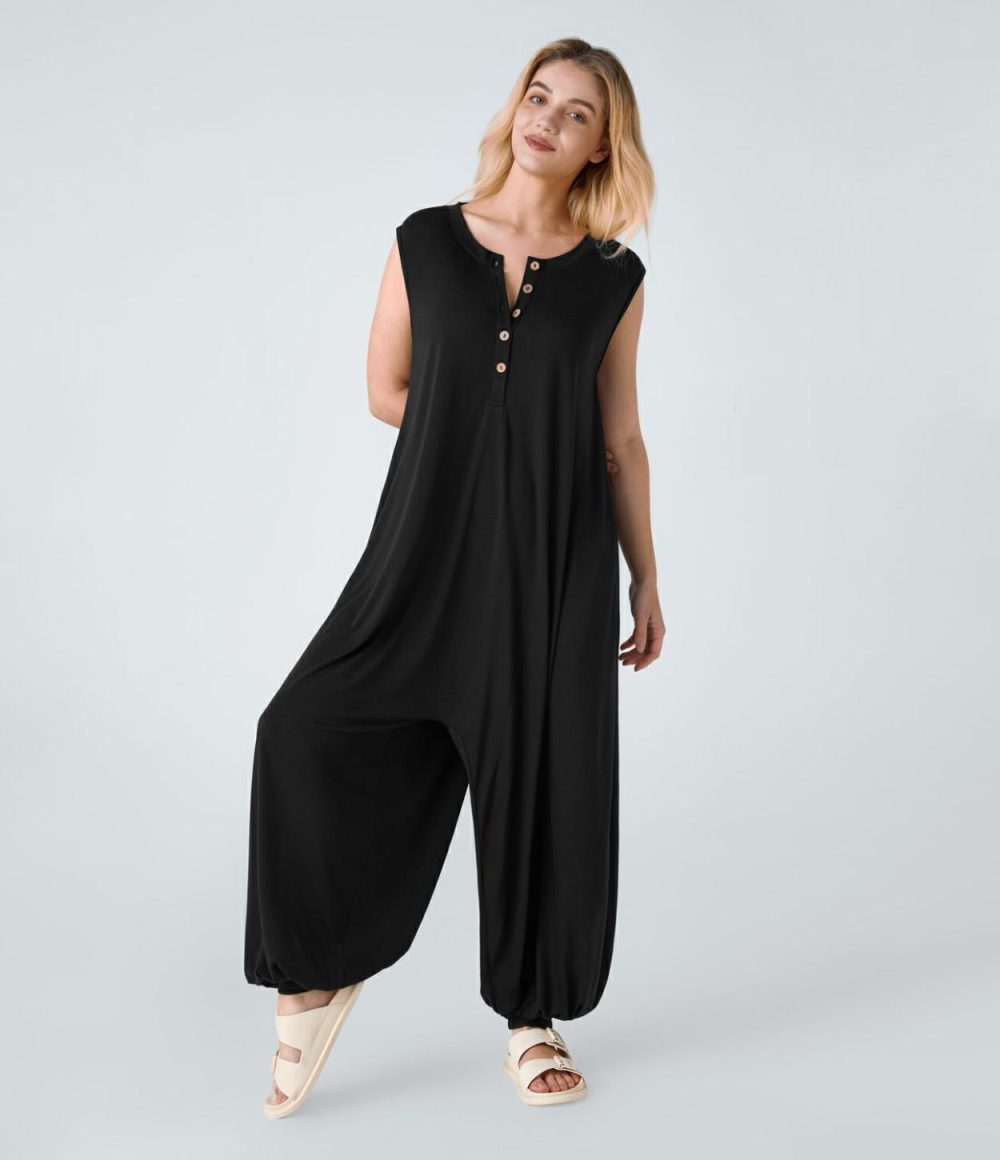 Henley Neck Sleeveless Side Pocket Relax Resort Harem Jumpsuit  | Womens  Dressey Jumpsuits Clothing Dressey Jumpsuits