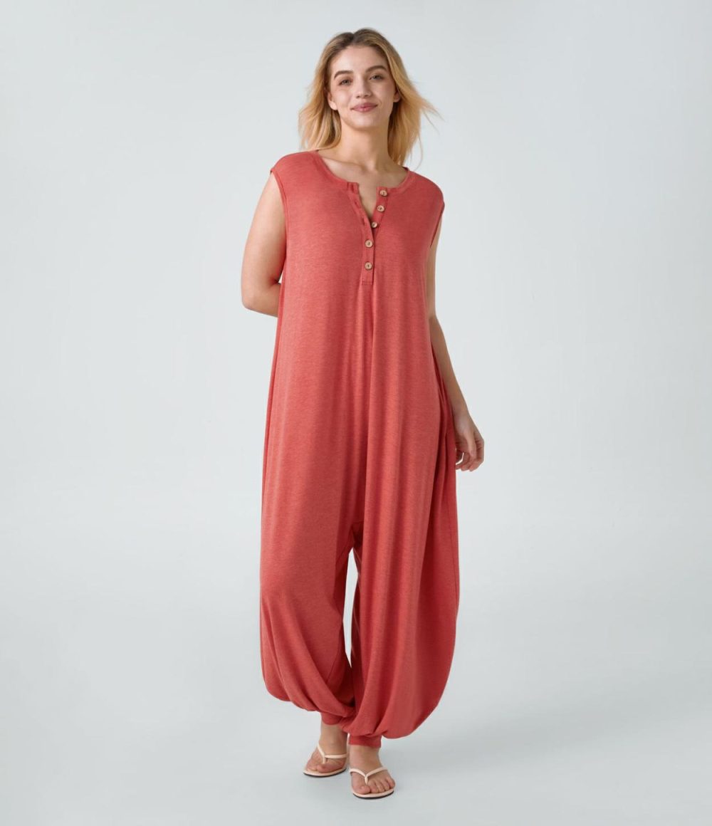 Henley Neck Sleeveless Side Pocket Relax Resort Harem Jumpsuit  | Womens  Dressey Jumpsuits Clothing Dressey Jumpsuits