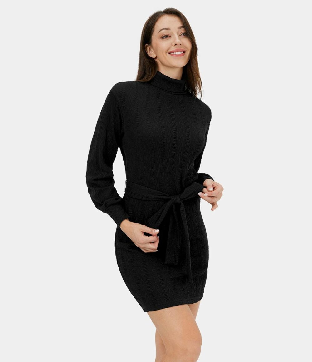 High Neck Belted Knitted Bodycon Mini Casual Dress  | Womens  Mini Dresses Clothing Buttercream/Black/Wine Red