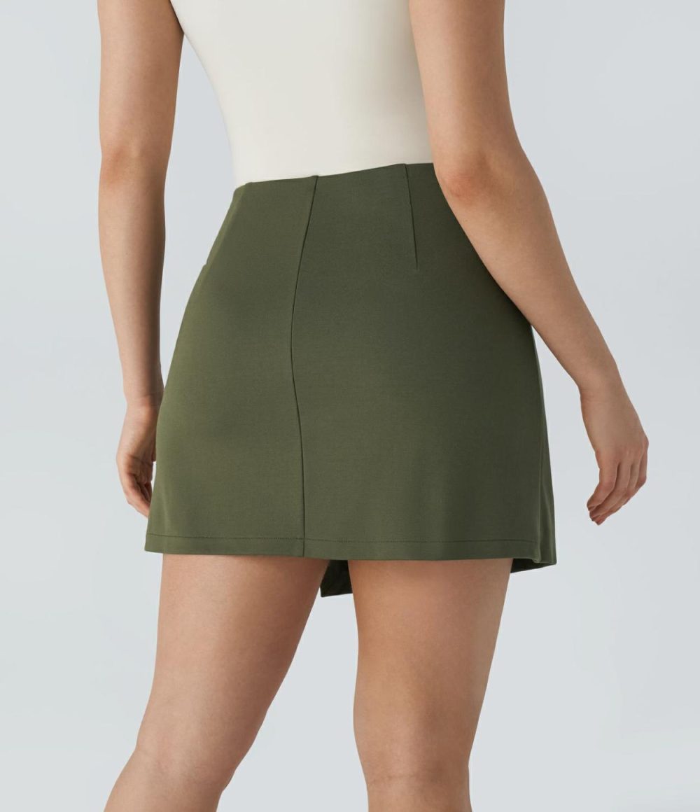 High Waisted 2-in-1 Asymmetric Ruched Mini Work Skirt  | Womens  Mini Skirts Clothing Hazel Mist Green/Black