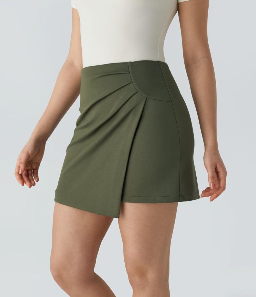 High Waisted 2-in-1 Asymmetric Ruched Mini Work Skirt  | Womens  Mini Skirts Clothing Hazel Mist Green/Black