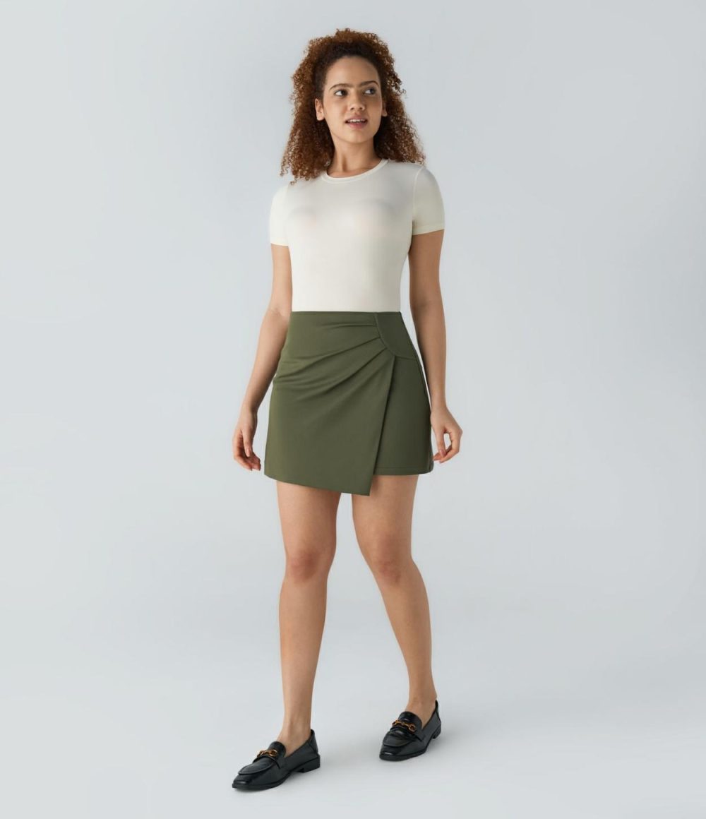 High Waisted 2-in-1 Asymmetric Ruched Mini Work Skirt  | Womens  Mini Skirts Clothing Hazel Mist Green/Black