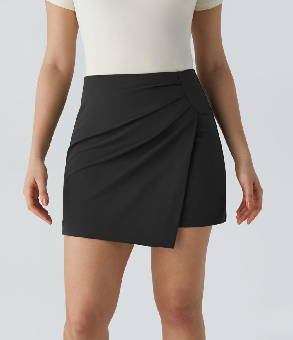 High Waisted 2-in-1 Asymmetric Ruched Mini Work Skirt  | Womens  Mini Skirts Clothing Hazel Mist Green/Black