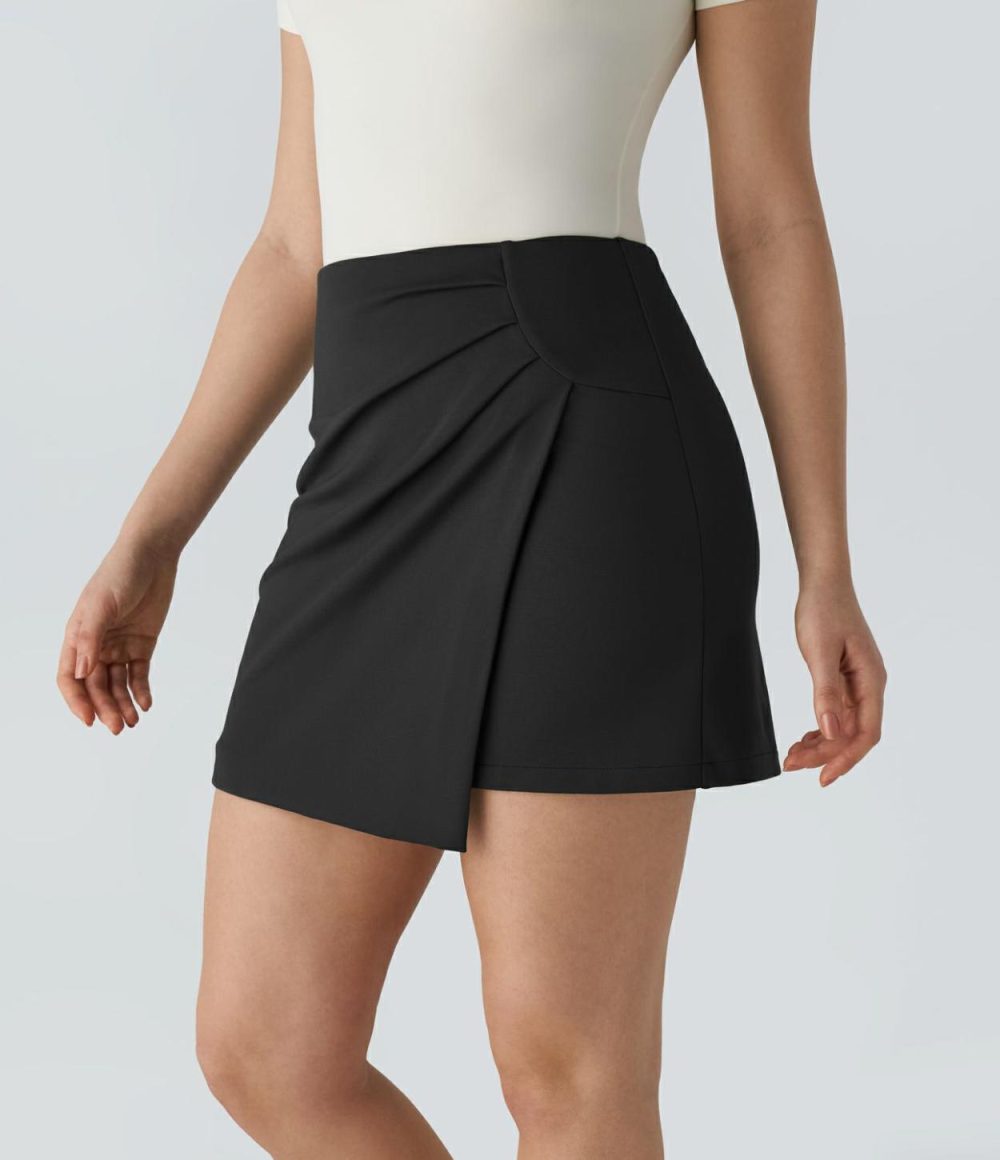 High Waisted 2-in-1 Asymmetric Ruched Mini Work Skirt  | Womens  Mini Skirts Clothing Hazel Mist Green/Black