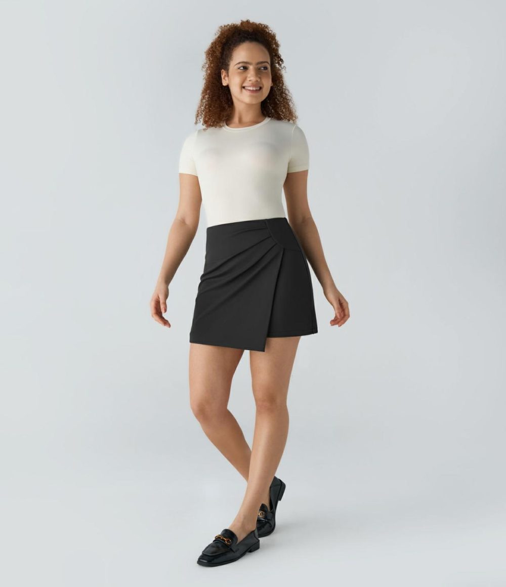 High Waisted 2-in-1 Asymmetric Ruched Mini Work Skirt  | Womens  Mini Skirts Clothing Hazel Mist Green/Black