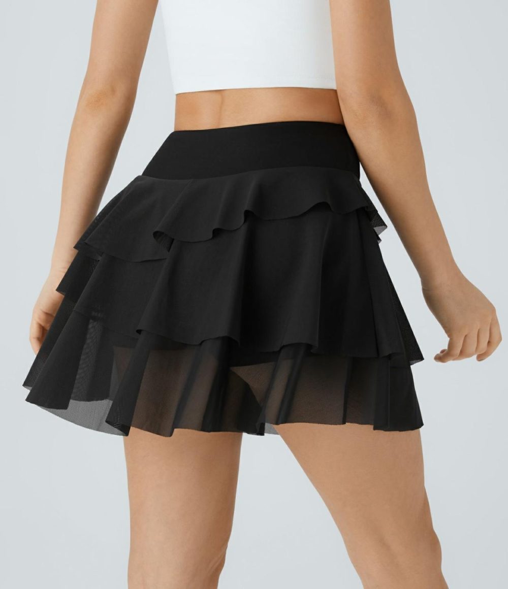 High Waisted 2-in-1 Side Pocket Contrast Mesh Layered Flowy Mini Skirt  | Womens  Mini Skirts Clothing Black/Arctic