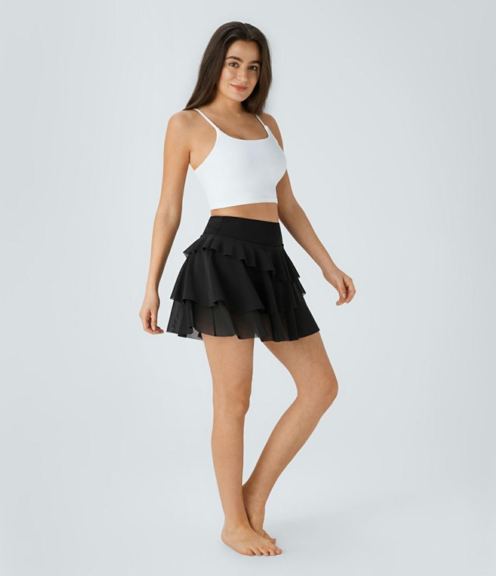 High Waisted 2-in-1 Side Pocket Contrast Mesh Layered Flowy Mini Skirt  | Womens  Mini Skirts Clothing Black/Arctic