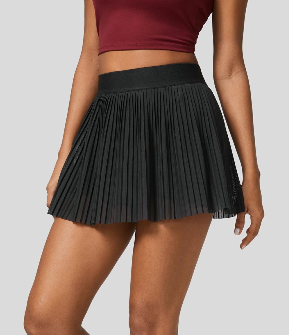 High Waisted 2-in-1 Side Pocket Contrast Mesh Pleated Mini Tennis Skirt  | Womens  Mini Skirts Clothing Mini Skirts