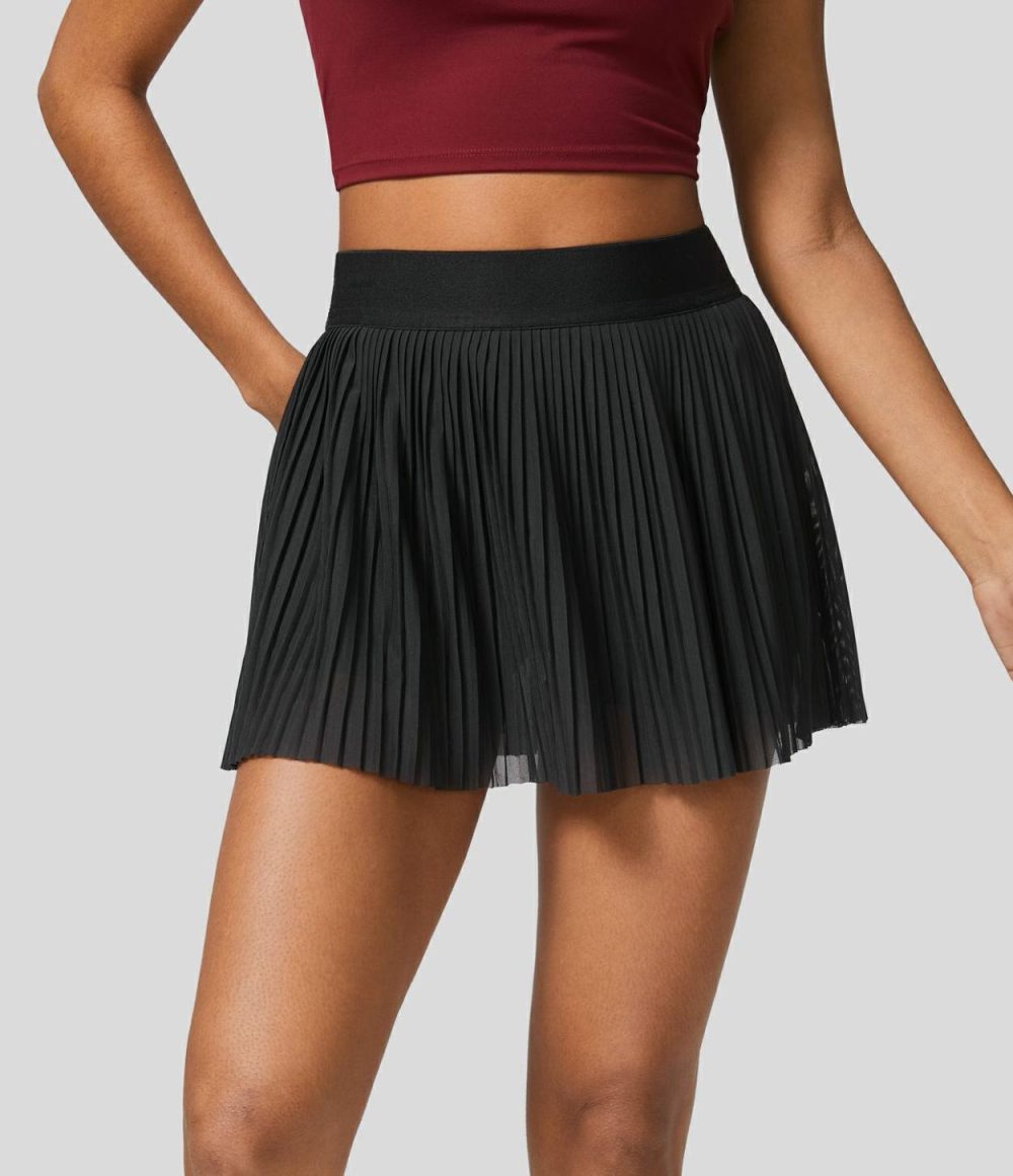 High Waisted 2-in-1 Side Pocket Contrast Mesh Pleated Mini Tennis Skirt  | Womens  Mini Skirts Clothing Mini Skirts