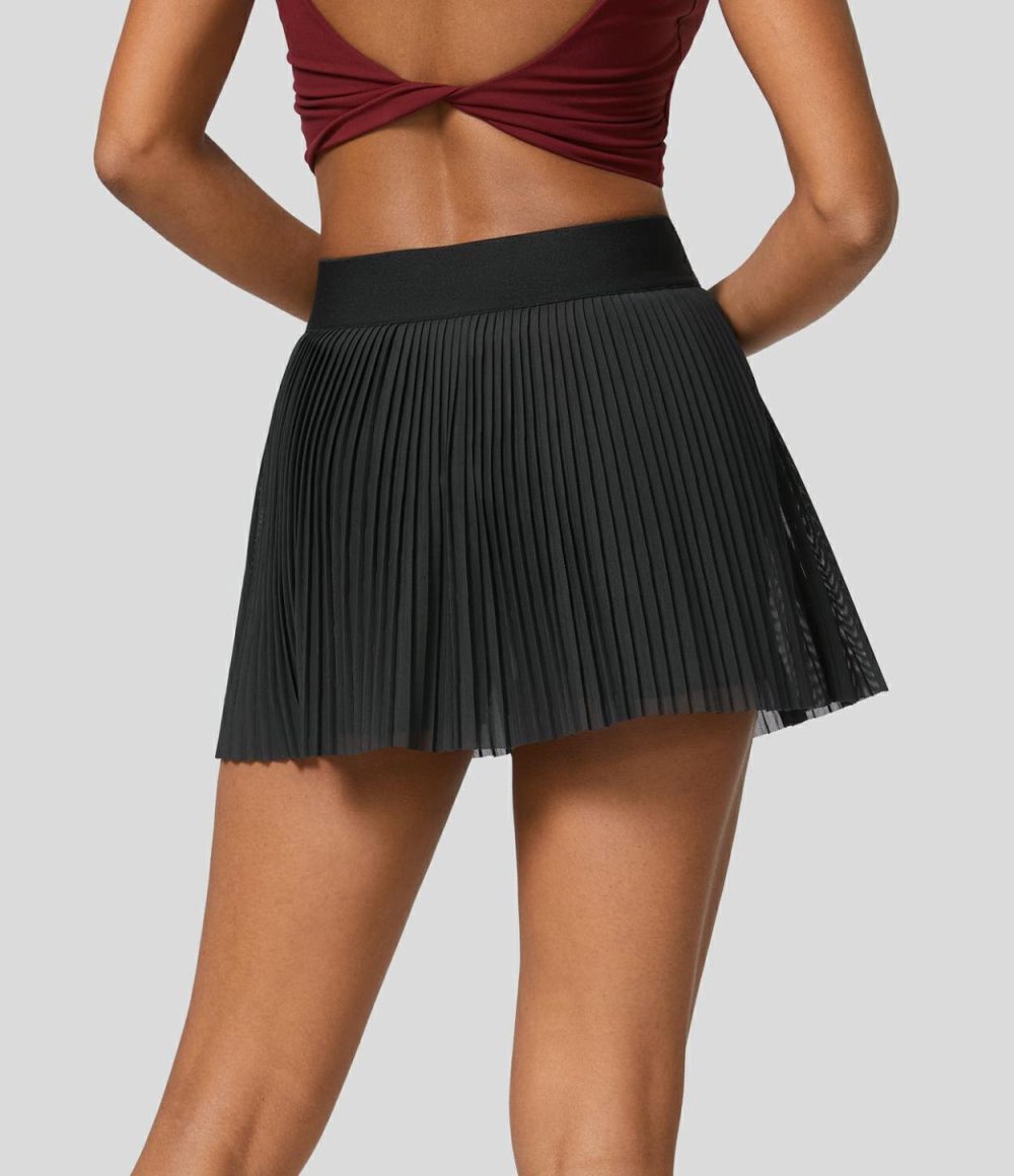 High Waisted 2-in-1 Side Pocket Contrast Mesh Pleated Mini Tennis Skirt  | Womens  Mini Skirts Clothing Mini Skirts