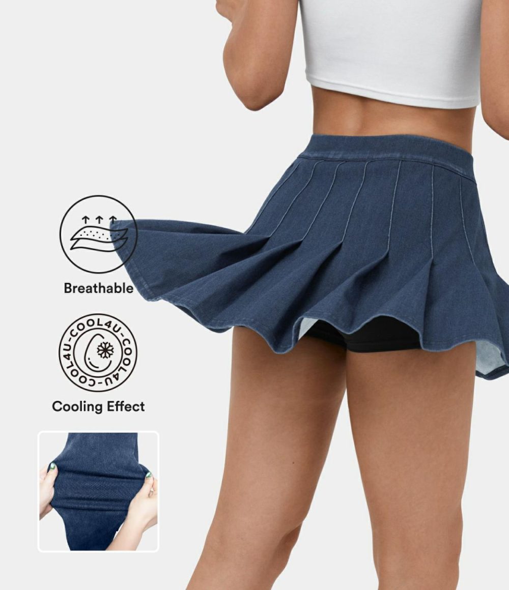 High Waisted 2-in-1 Side Pocket Cool Touch Breathable Washed Stretchy Knit Denim Mini Casual Pleated Skirt  | Womens  Denim Shorts Clothing Denim Shorts